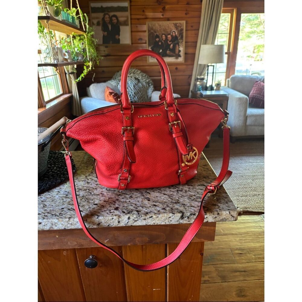 Michael Kors Red Pebbled Leather Satchel with MK Charm